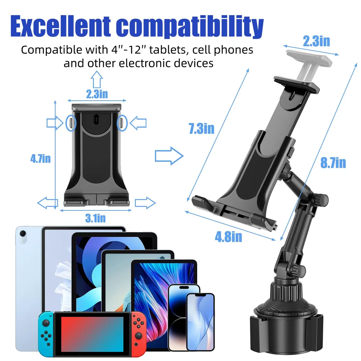 Aourxiv Car Cup Holder Phone & Tablet Mount | 8.7" Adjustable Arm, 4"-13" Device Compatibility - view 4
