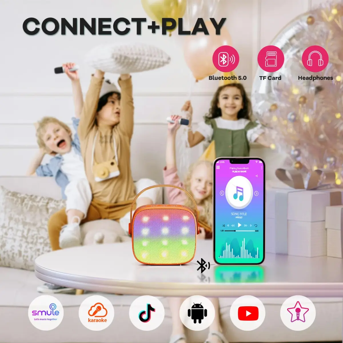YLL Karaoke Machine for Kids, Orange | Portable Bluetooth Speaker with 2 Wireless Microphones, 5 Magic Voices Party, Present for Boys Ages 3,4,5,6,7,8,9,10+ - view 3