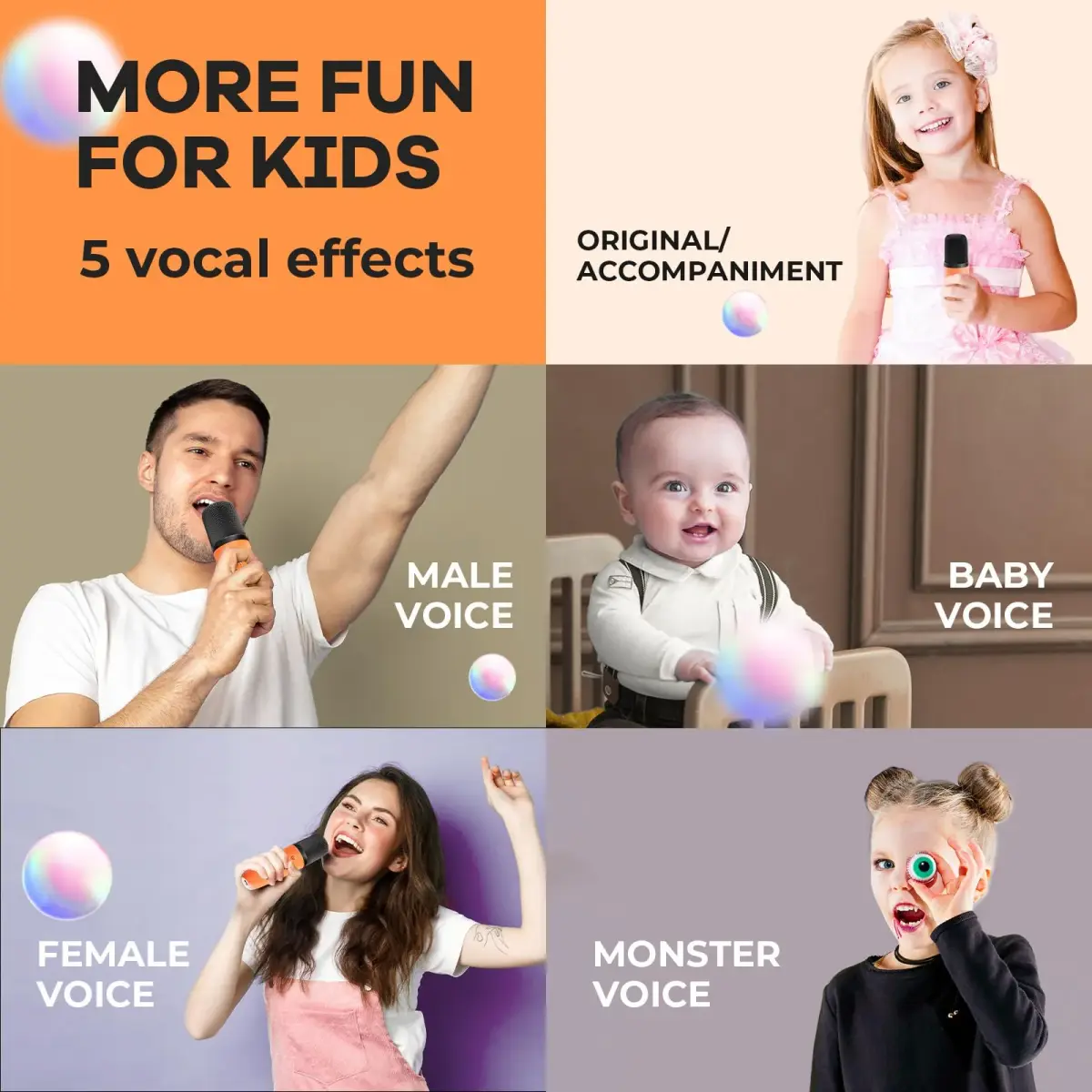 YLL Karaoke Machine for Kids, Orange | Portable Bluetooth Speaker with 2 Wireless Microphones, 5 Magic Voices Party, Present for Boys Ages 3,4,5,6,7,8,9,10+ - view 4