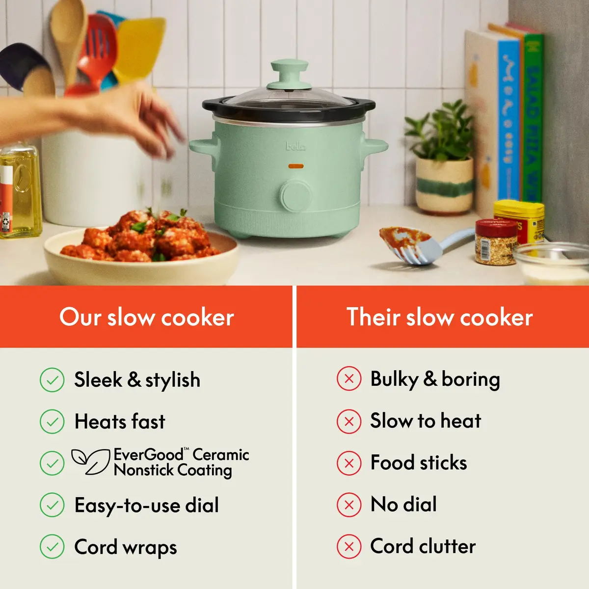 BELLA 1.5QT Slow Cooker Seaglass | Non-Toxic Ceramic Coating, 3 Heat Settings - view 6
