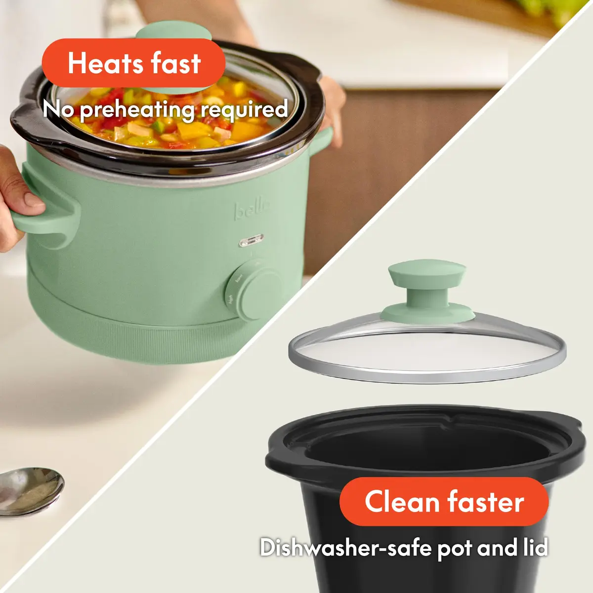 BELLA 1.5QT Slow Cooker Seaglass | Non-Toxic Ceramic Coating, 3 Heat Settings - view 3