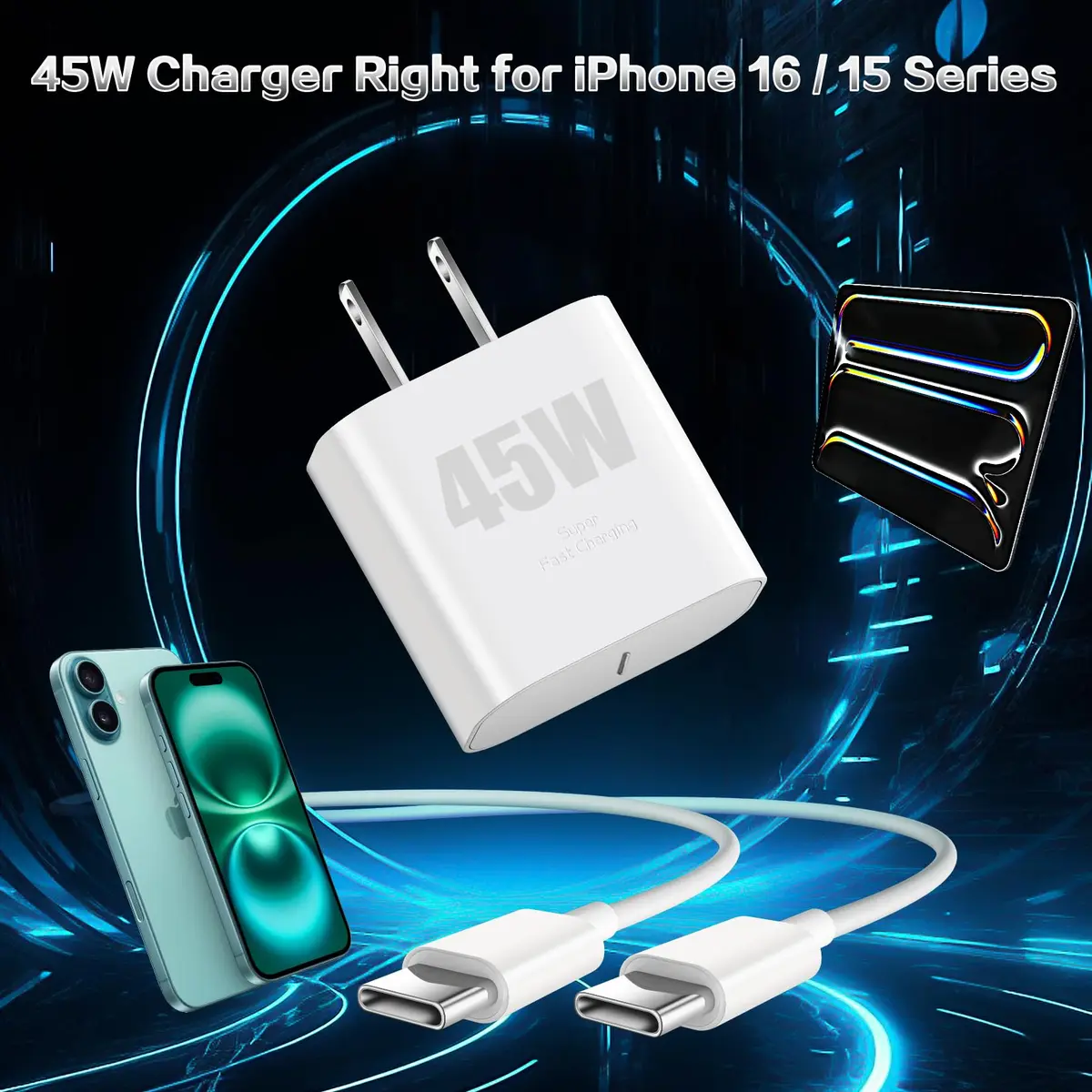 SpeedScope iPhone 17 16 15 Charger 45W USB C Fast Charging Block 2 Pack | 10FT C-C Cord - view 5