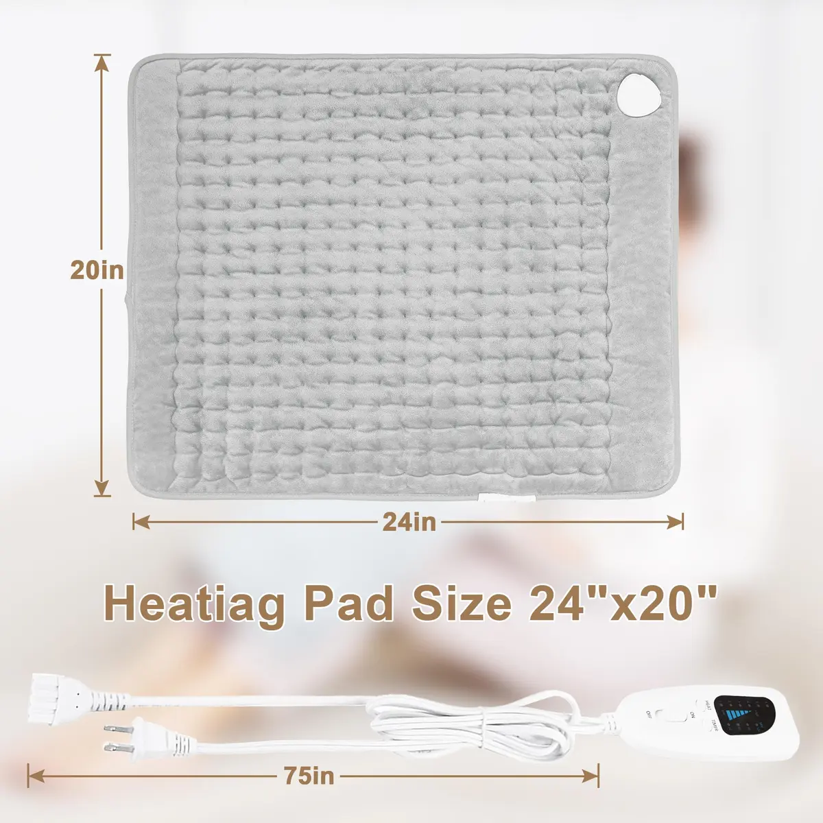 Deepsoon Electric Heating Pad 24x20 Inch Light Gray | 6 Heat Settings & 2-Hour Auto Shut-Off - view 8
