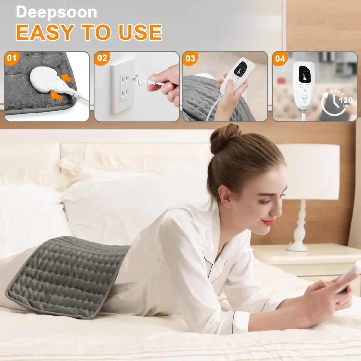 Deepsoon Gray Electric Heating Pad 24x12 Inch | Soothing Heat for Back, Neck, and Legs - view 3