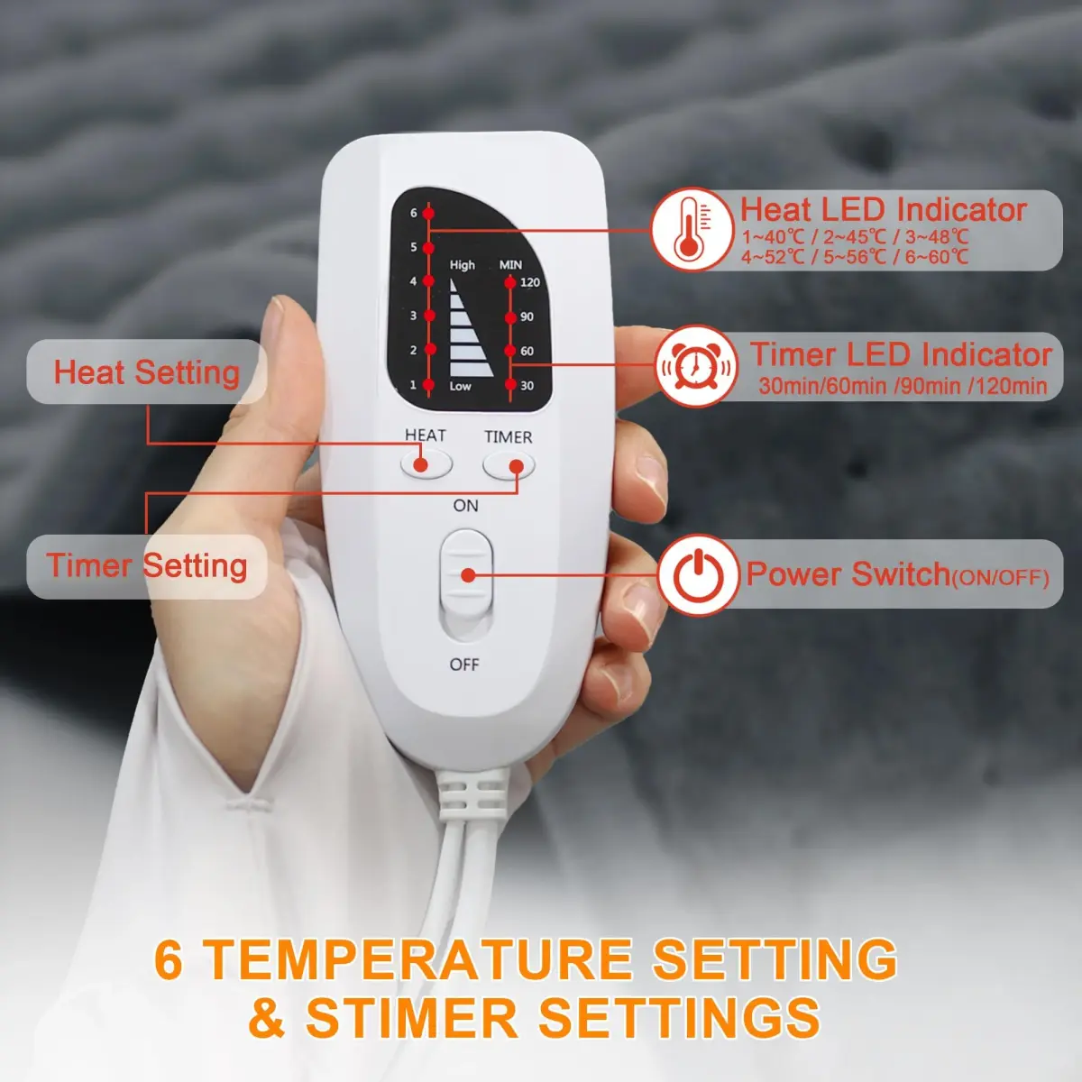 Deepsoon Gray Electric Heating Pad 24x12 Inch | Soothing Heat for Back, Neck, and Legs - view 7