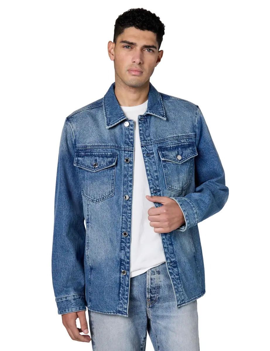 Michael Kors Men's Curved Hem Denim Shirt Jacket, Union Wash, XS | Classic Fit, 100% Cotton, Spring - main product image