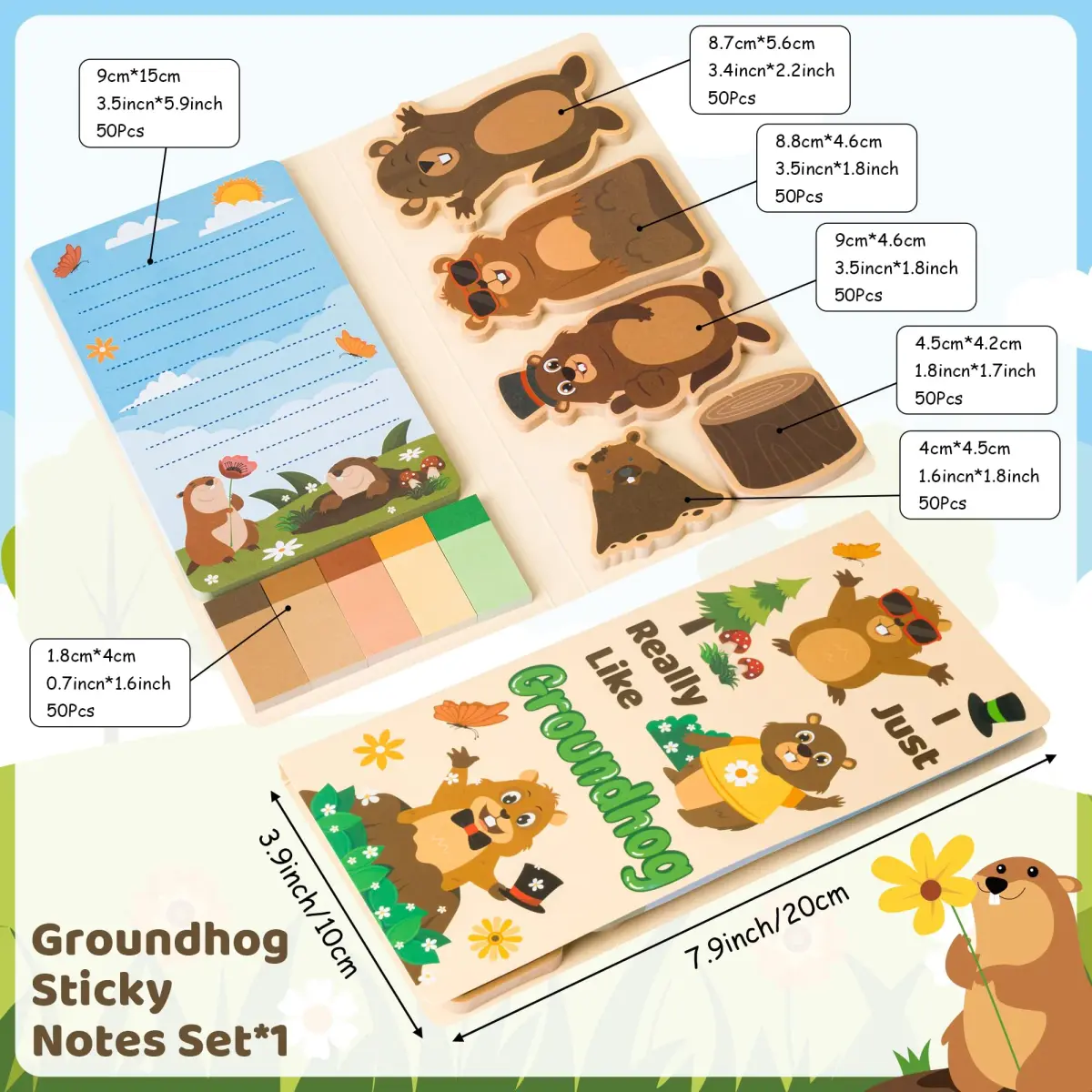 Xqumoi Groundhog Sticky Notes Set | Cute Animal Self-Stick Note Pads Bundle for Back to School - main product image