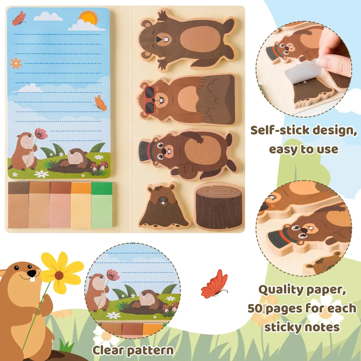 Xqumoi Groundhog Sticky Notes Set | Cute Animal Self-Stick Note Pads Bundle for Back to School - view 2