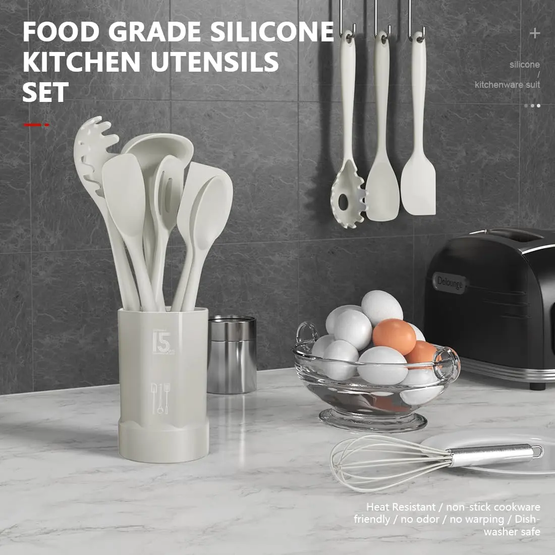AOTHOD Silicone Cooking Utensils Set - 446°F Heat Resistant Kitchen Gadgets, Spatula, Spoon, Dishwasher Safe (Cream White) - view 2