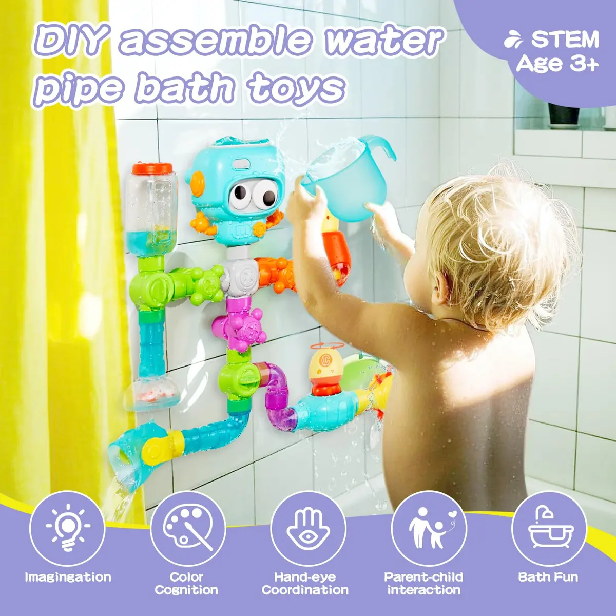 EazierWizter STEM Bath Toys for Kids 3-8 | DIY Water Pipe Kit with Suction Cups - view 2