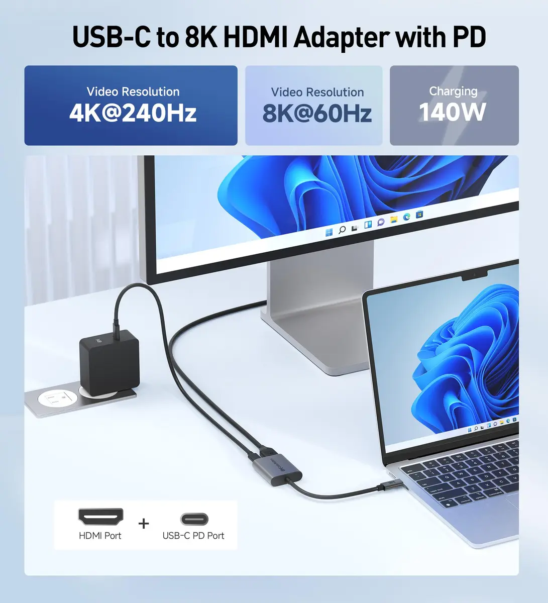 Cable Matters USB C to HDMI 2.1 Adapter with 140W Charging | 8K@60Hz, 4K@240Hz, Mac & Windows Compatible - view 2