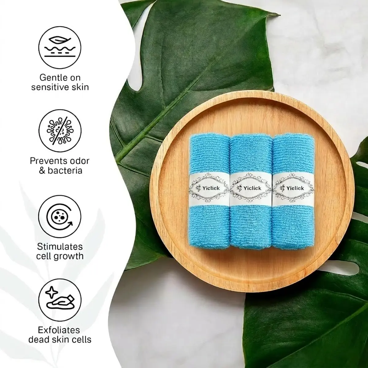 Yiclick Exfoliating Washcloth Towel Set - 3 Pack Aqua Blue Back Scrubber for Shower Bath | 86 cm (34.5 inches) - main product image