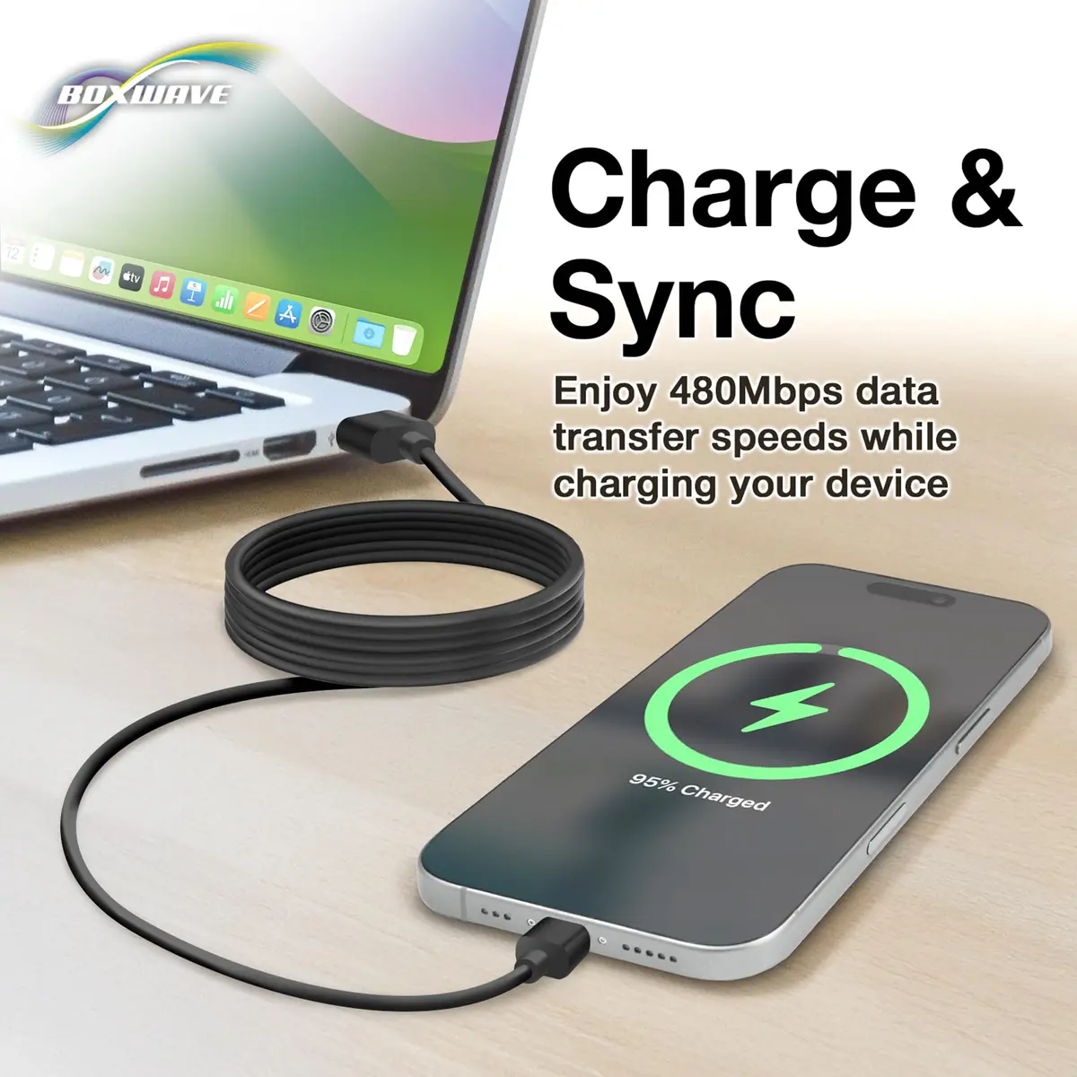 BoxWave Cable Compatible with Google Chromecast with TV - USB 3.0 A to USB C, 6ft, Black | Dual-Function Sync & Charge - view 3