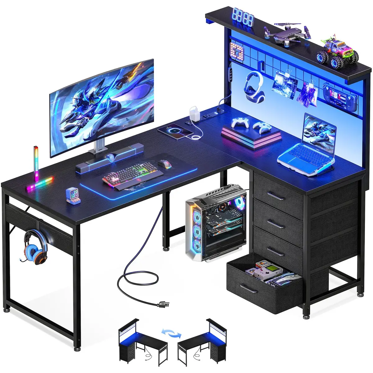 MOTPK 43" L Shaped Gaming Desk with Shelf & 4 Drawers | Reversible Corner Home Office Table - main product image