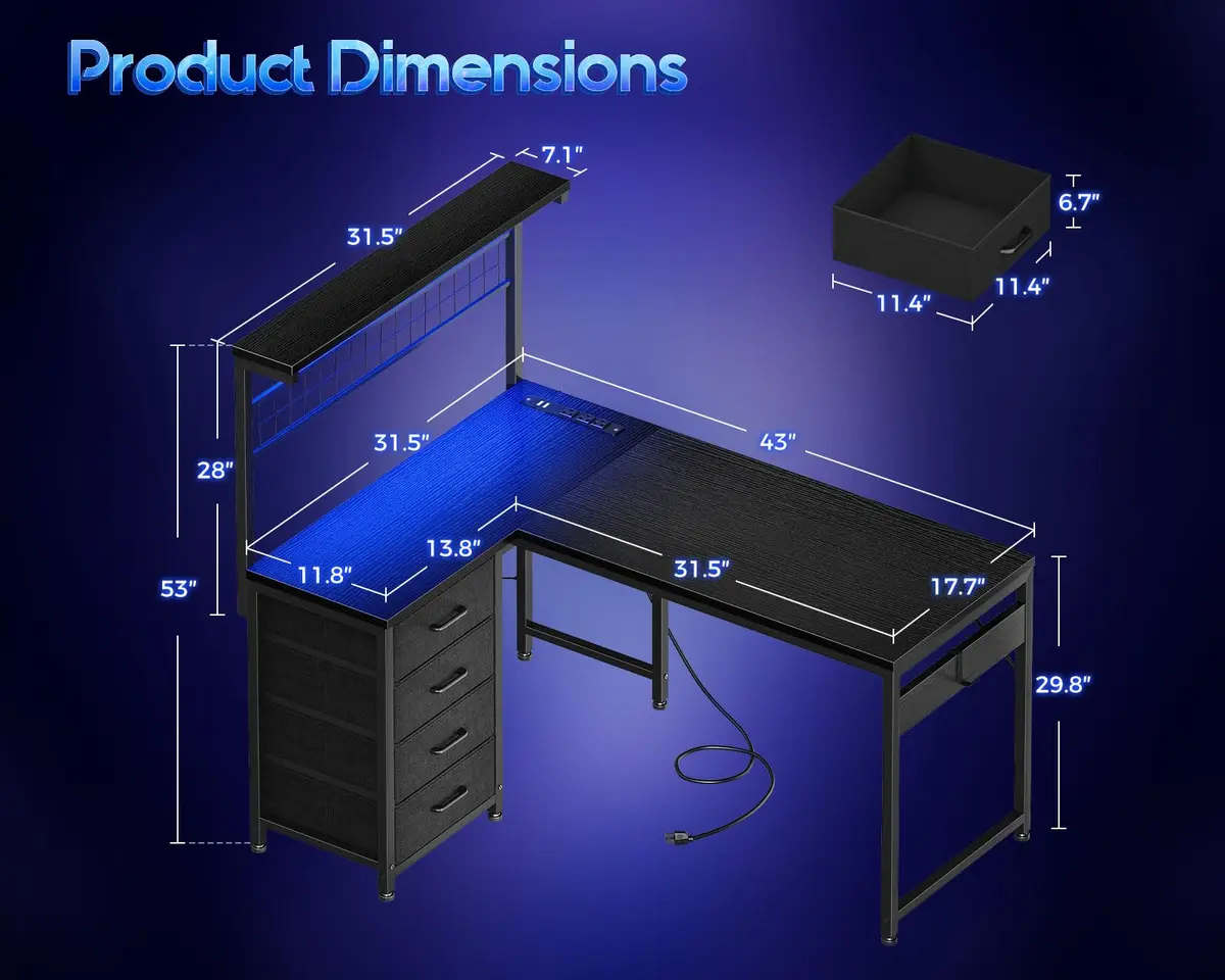 MOTPK 43" L Shaped Gaming Desk with Shelf & 4 Drawers | Reversible Corner Home Office Table - view 6