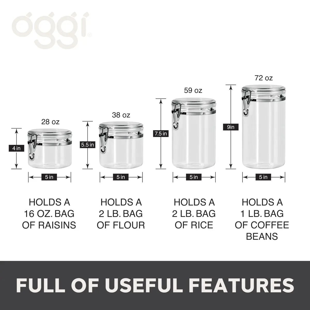 Oggi 4pc Clear Canister Set with Clamp Lids | Airtight Food Storage for Kitchen & Pantry (70-120 chars) - view 6