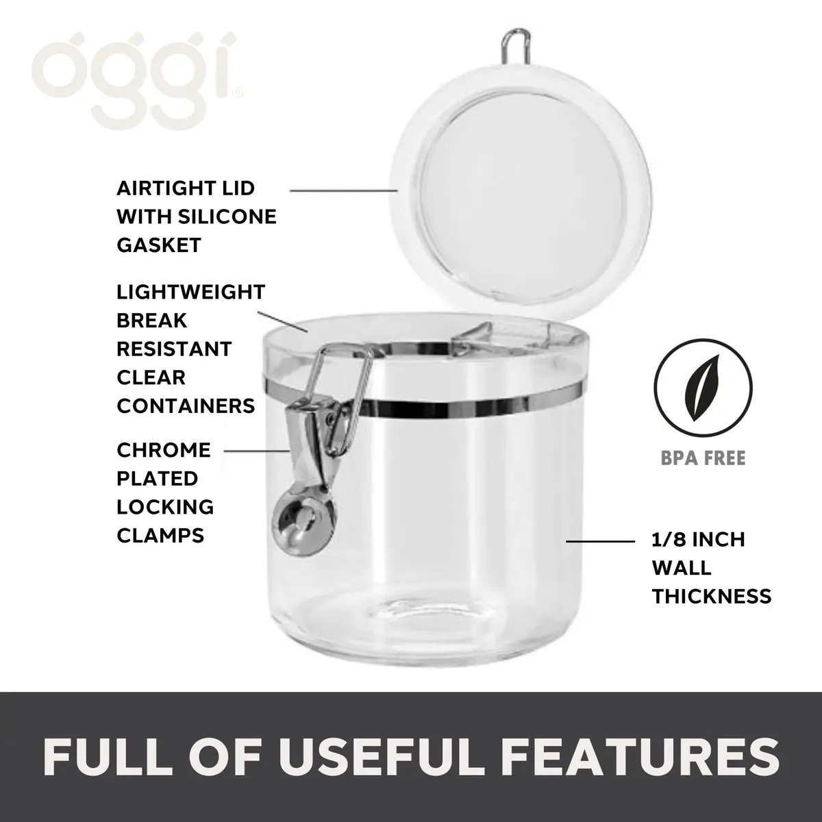 Oggi 4pc Clear Canister Set with Clamp Lids | Airtight Food Storage for Kitchen & Pantry (70-120 chars) - view 2