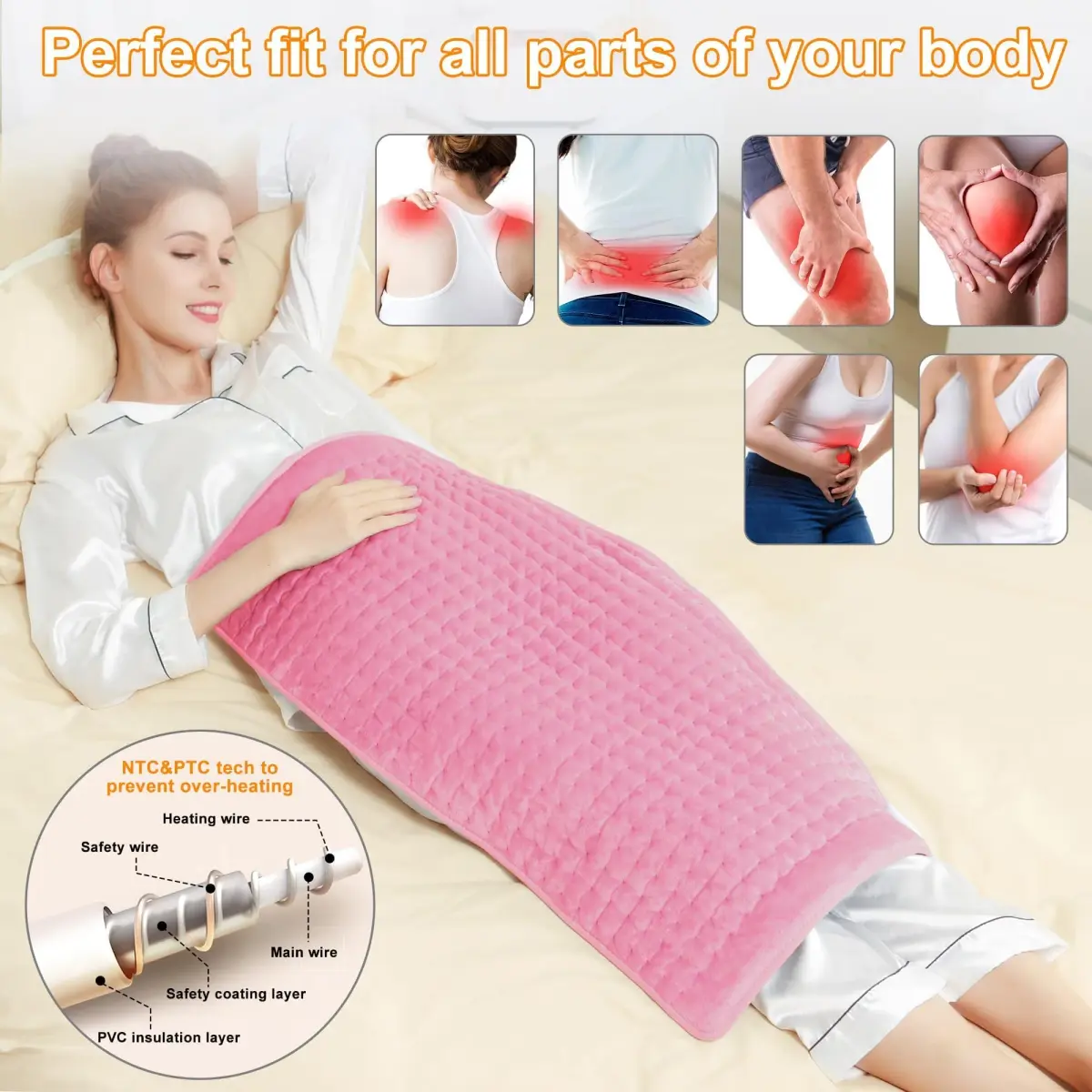 Deepsoon Pink Electric Heating Pad 33x17 Inch | Soft Flannel Cover, 6 Heat Settings, Auto Shut-Off - view 2
