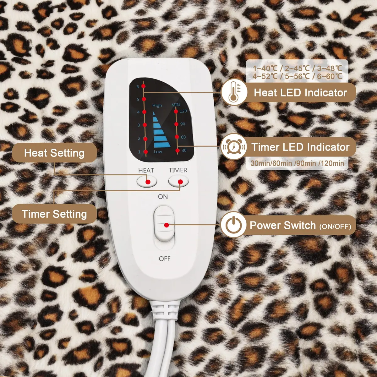 Deepsoon Leopard Print Heating Pad 51x61 cm (20x24 Inch) | Moist/Dry Heat with Auto Shut Off - view 7
