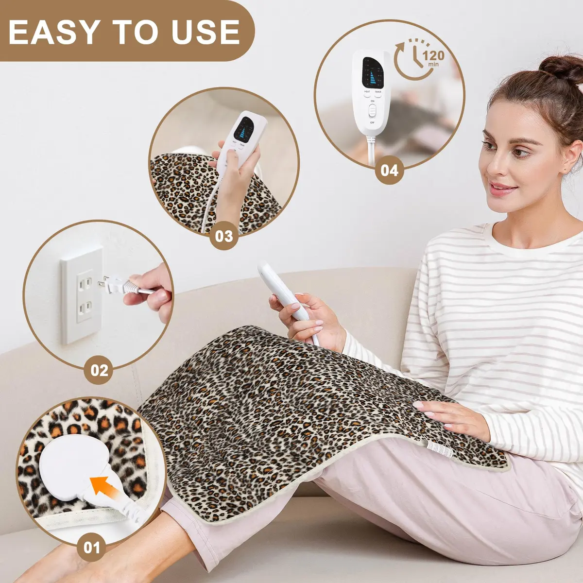 Deepsoon Leopard Print Heating Pad 51x61 cm (20x24 Inch) | Moist/Dry Heat with Auto Shut Off - view 3