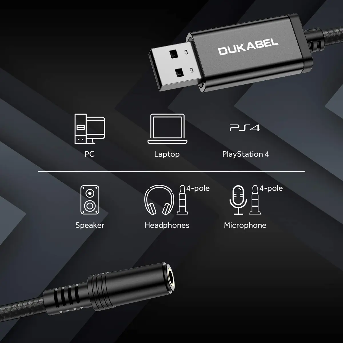 DUKABEL USB Headphone Adapter, External Sound Card for PC, PS4, PS5 | 94 inch / 240 cm | Dual Audio & Microphone - view 2