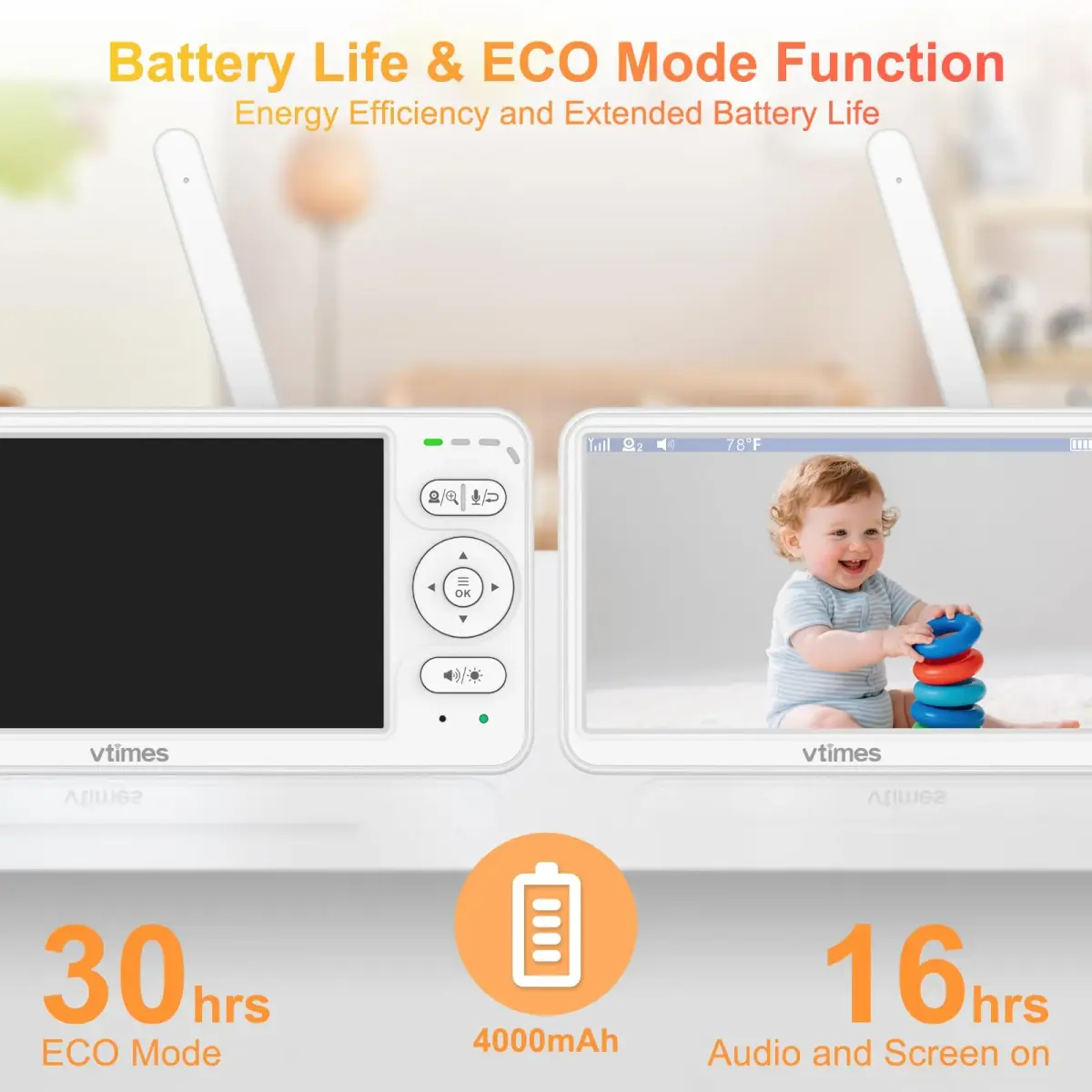 VTimes Baby Monitor with Camera and Audio, 6-inch IPS Screen, 30-Hour Battery | No WiFi Night Vision ECO 2-Way Audio PTZ 1000ft Range - view 5