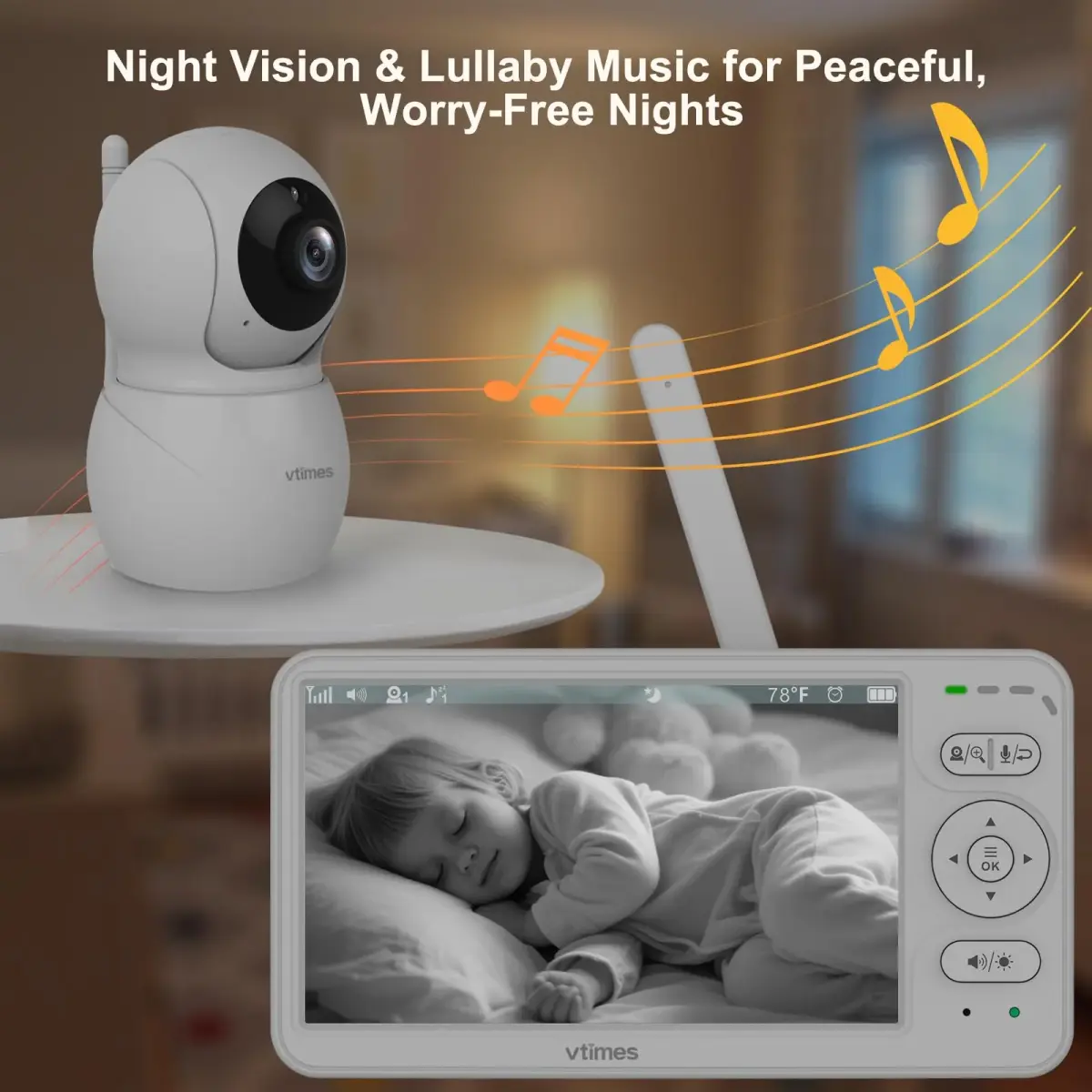 VTimes Baby Monitor with Camera and Audio, 6-inch IPS Screen, 30-Hour Battery | No WiFi Night Vision ECO 2-Way Audio PTZ 1000ft Range - view 6