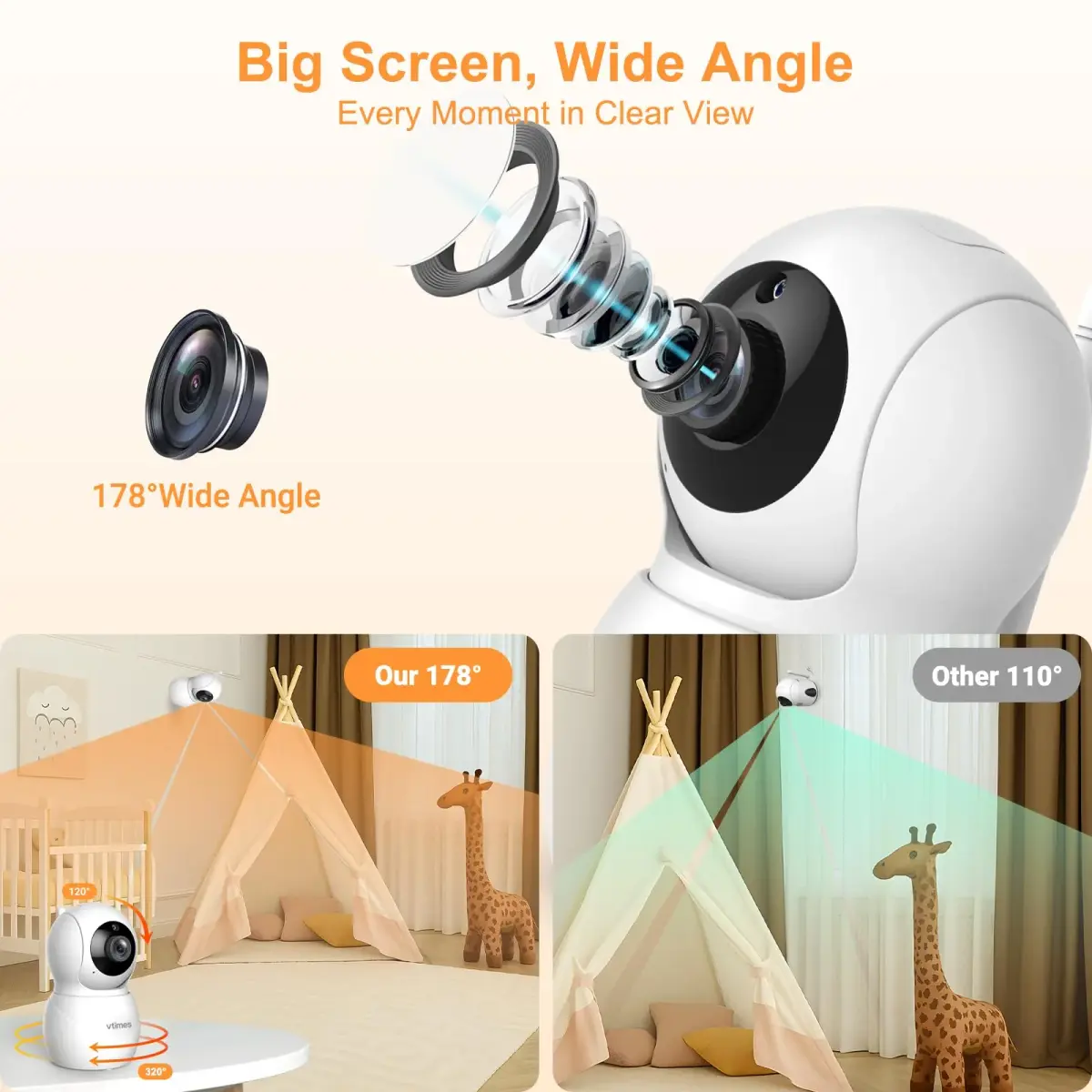 VTimes Baby Monitor with Camera and Audio, 6-inch IPS Screen, 30-Hour Battery | No WiFi Night Vision ECO 2-Way Audio PTZ 1000ft Range - view 8
