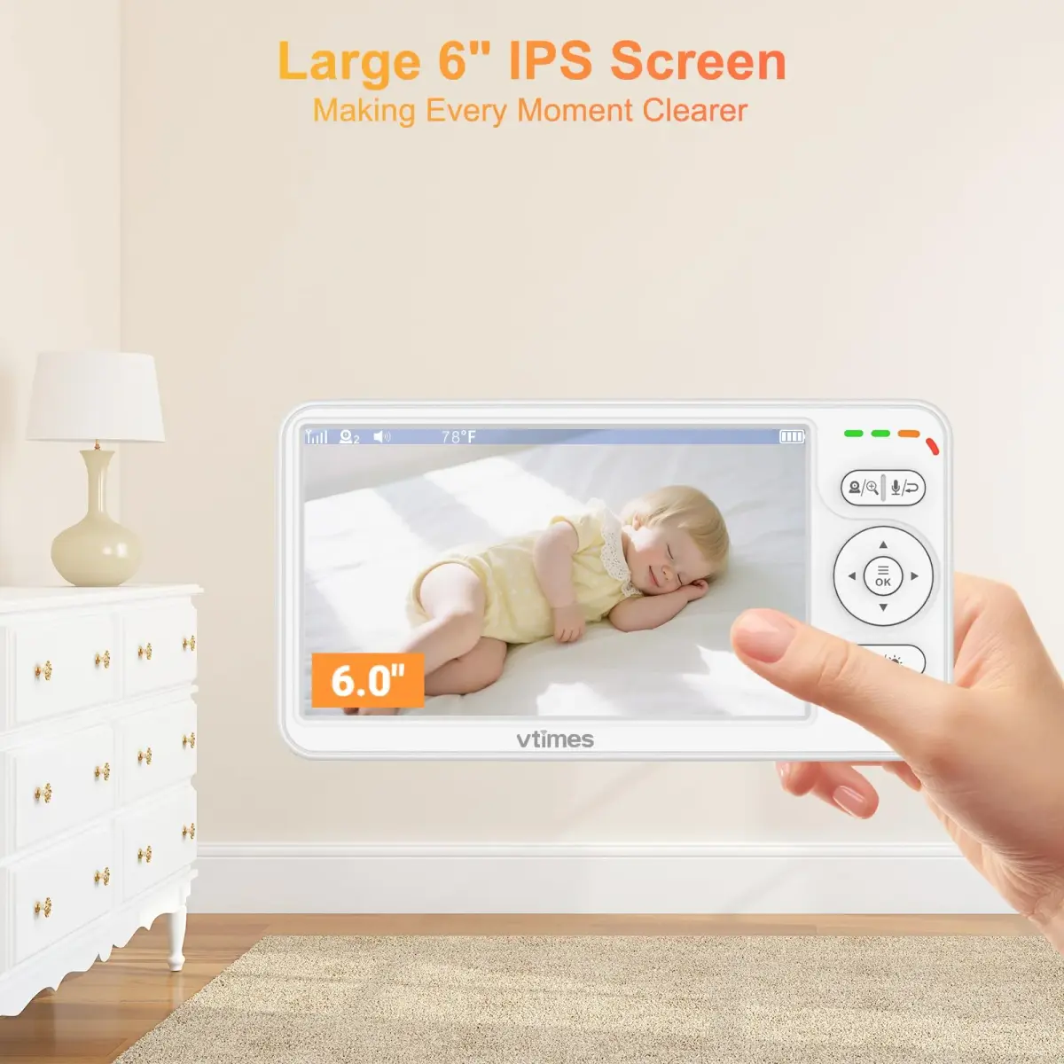 VTimes Baby Monitor with Camera and Audio, 6-inch IPS Screen, 30-Hour Battery | No WiFi Night Vision ECO 2-Way Audio PTZ 1000ft Range - view 2