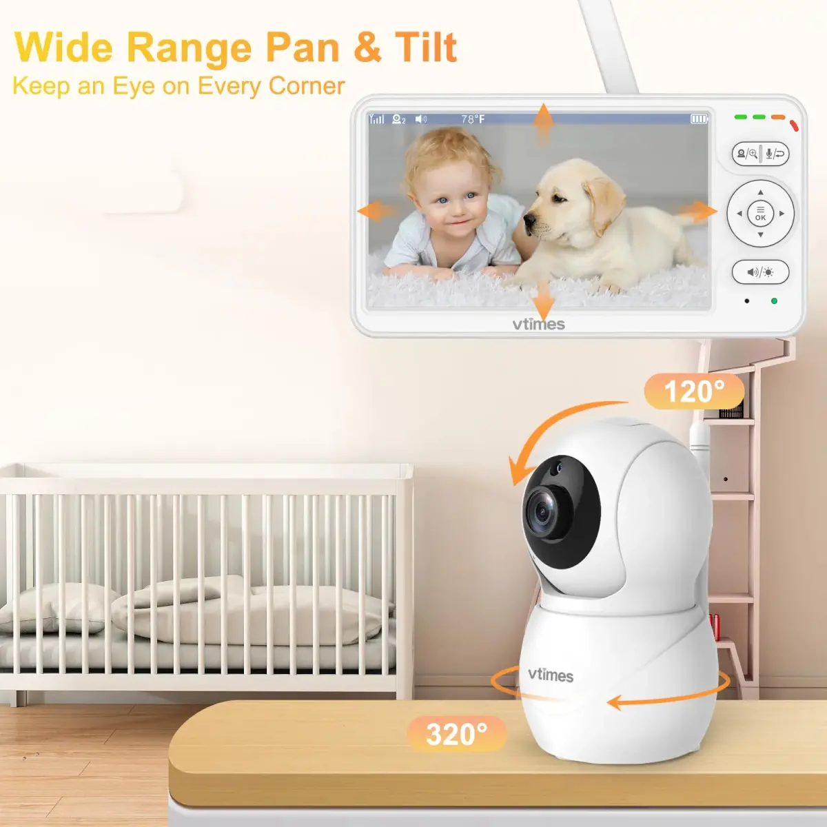 VTimes Baby Monitor with Camera and Audio, 6-inch IPS Screen, 30-Hour Battery | No WiFi Night Vision ECO 2-Way Audio PTZ 1000ft Range - view 3