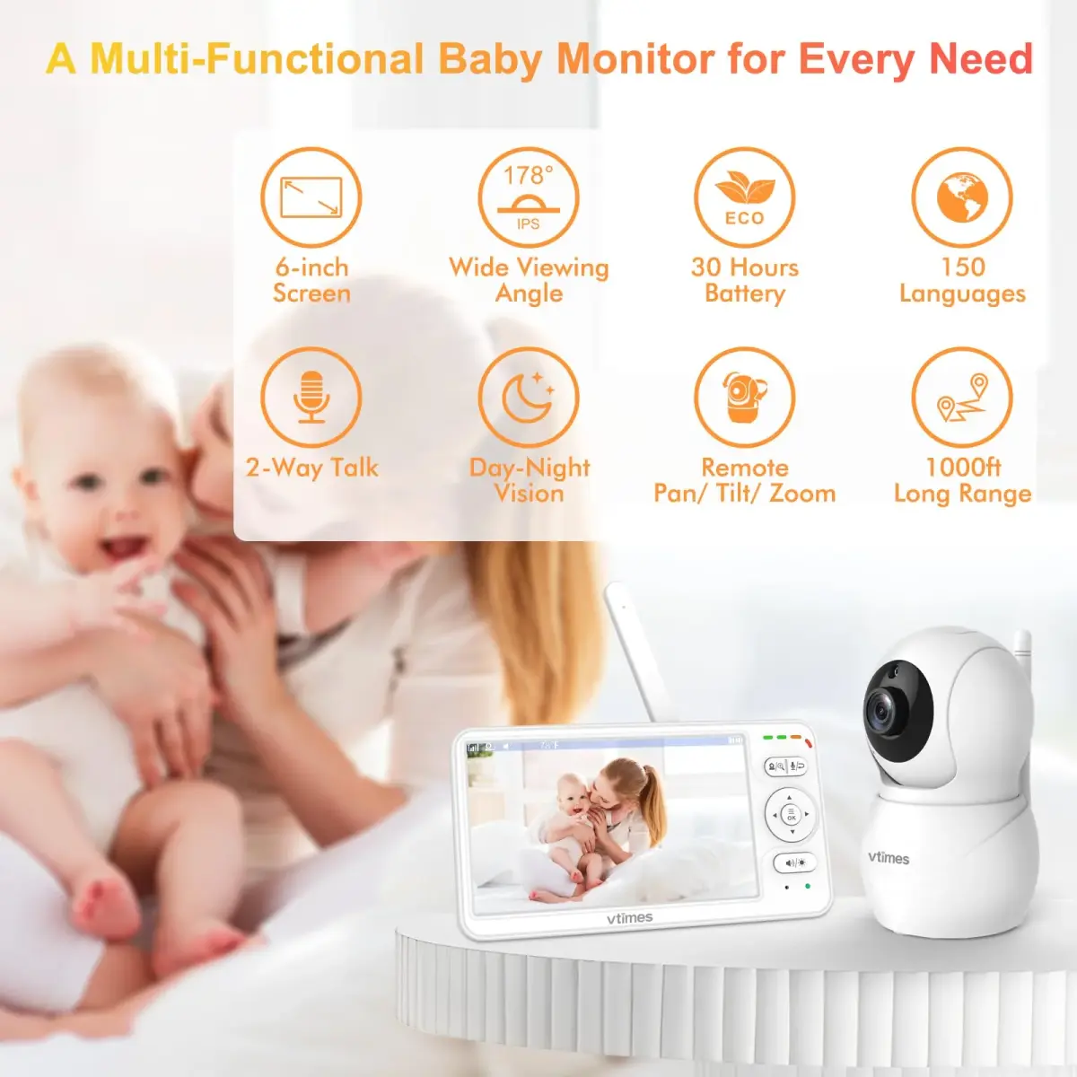 VTimes Baby Monitor with Camera and Audio, 6-inch IPS Screen, 30-Hour Battery | No WiFi Night Vision ECO 2-Way Audio PTZ 1000ft Range - view 4