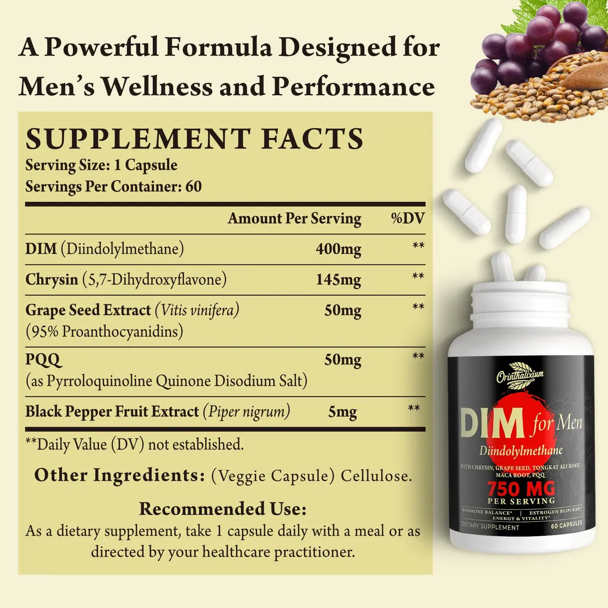 Orinthalixium DIM for Men 750MG | Hormone Balance & Vitality Support (100-120c) - view 2