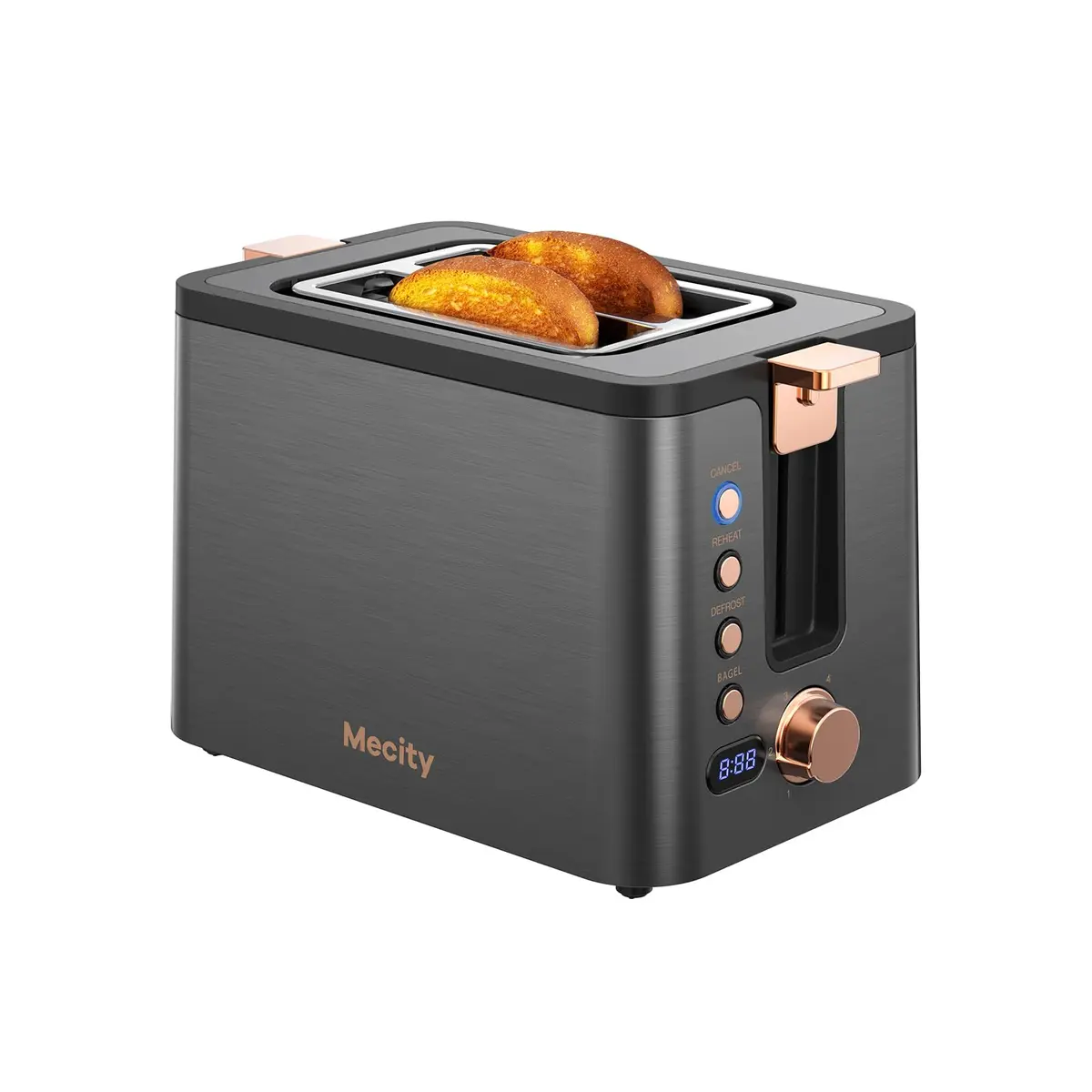 Mecity Toaster 2 Slice Stainless Steel Body Timer | 6 Browning Settings, Extra Wide Slots, Bagel/Defrost/Reheat/Cancel Functions - main product image