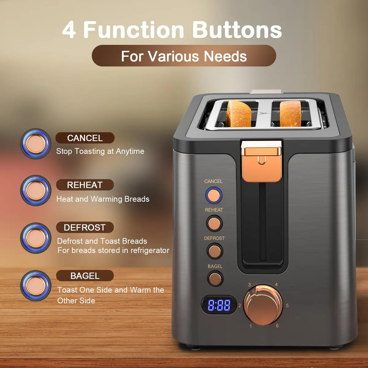 Mecity Toaster 2 Slice Stainless Steel Body Timer | 6 Browning Settings, Extra Wide Slots, Bagel/Defrost/Reheat/Cancel Functions - view 5