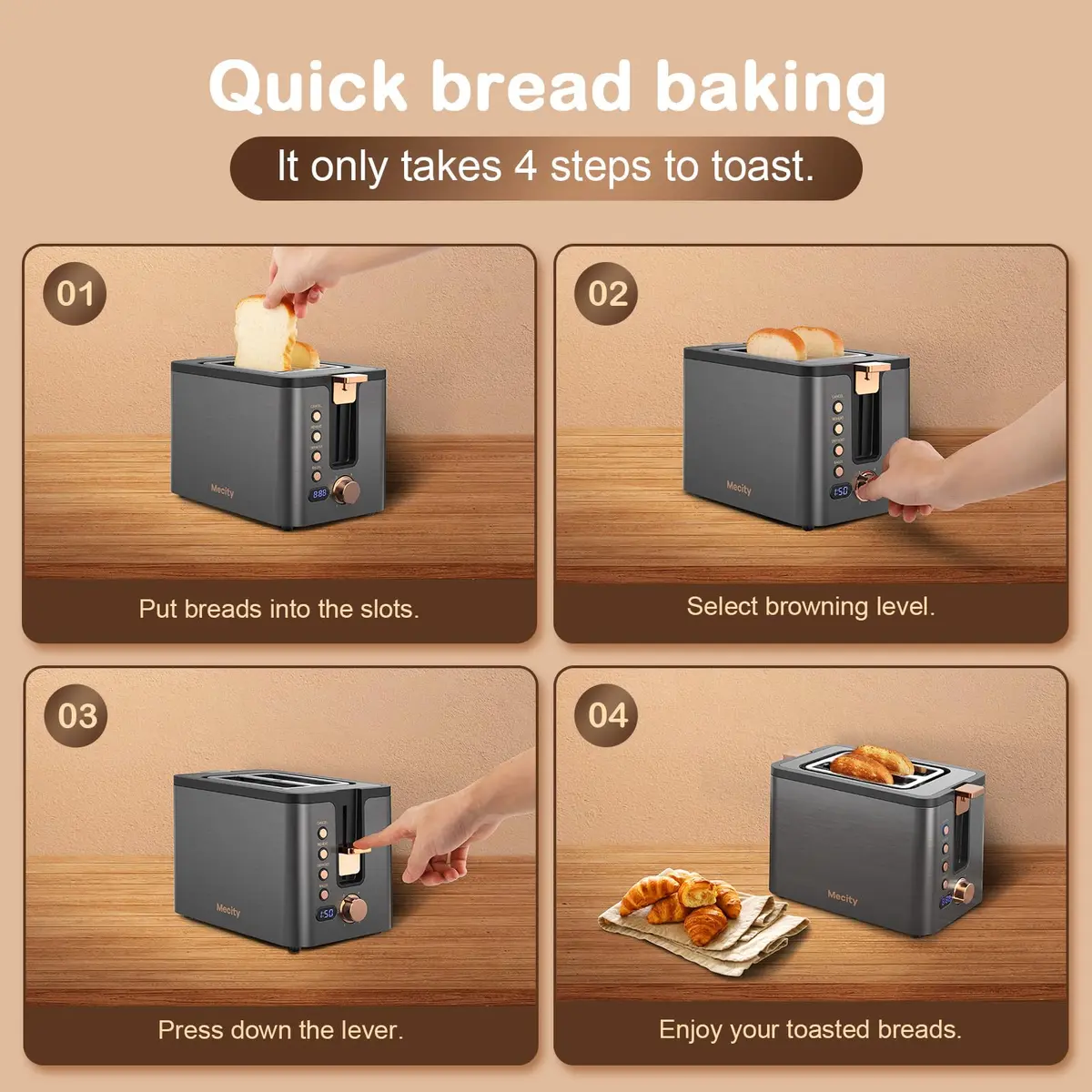 Mecity Toaster 2 Slice Stainless Steel Body Timer | 6 Browning Settings, Extra Wide Slots, Bagel/Defrost/Reheat/Cancel Functions - view 6