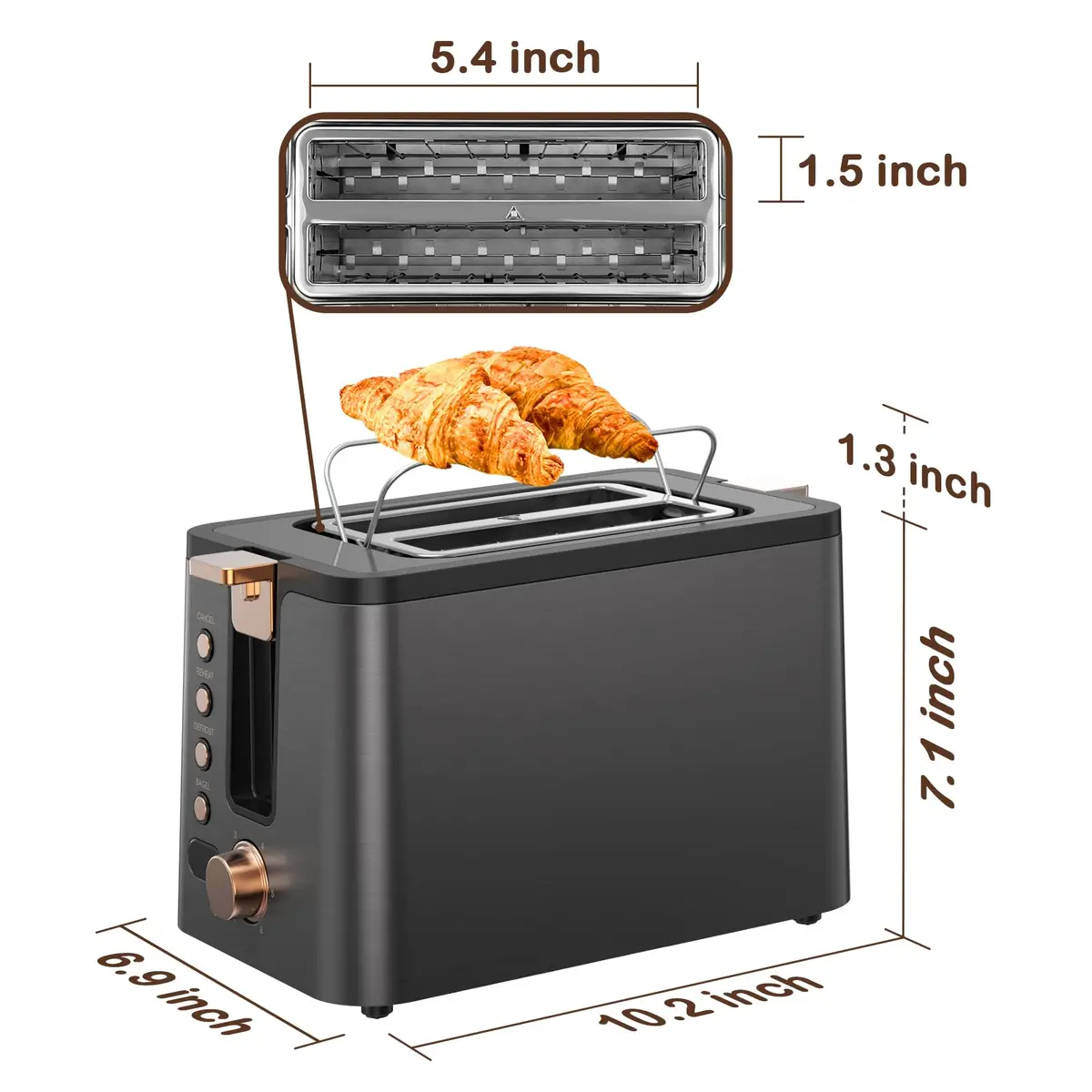 Mecity Toaster 2 Slice Stainless Steel Body Timer | 6 Browning Settings, Extra Wide Slots, Bagel/Defrost/Reheat/Cancel Functions - view 8