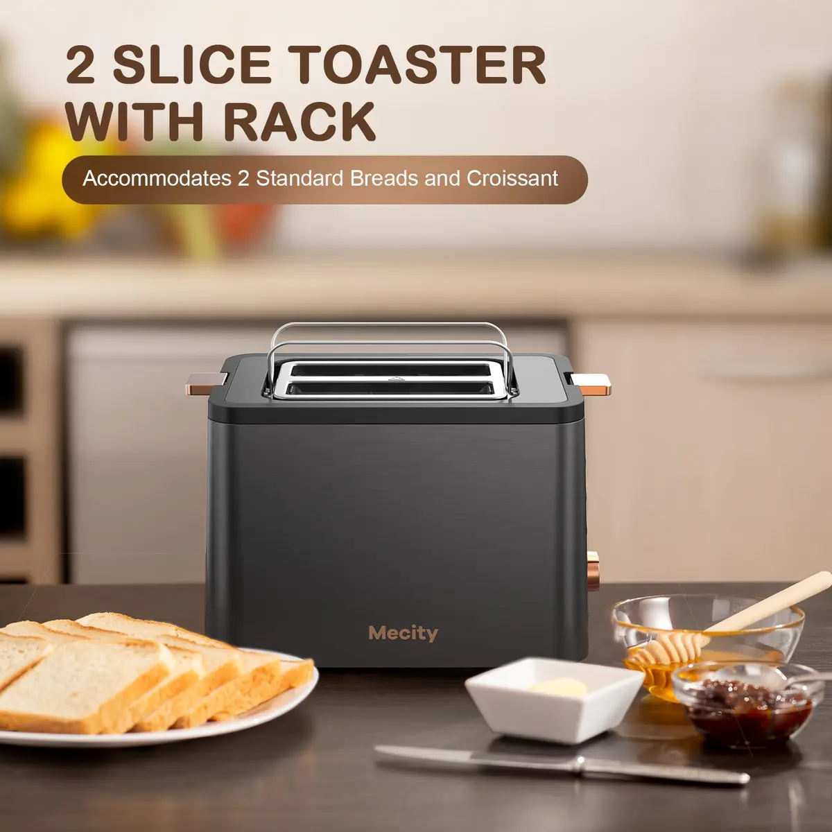 Mecity Toaster 2 Slice Stainless Steel Body Timer | 6 Browning Settings, Extra Wide Slots, Bagel/Defrost/Reheat/Cancel Functions - view 2