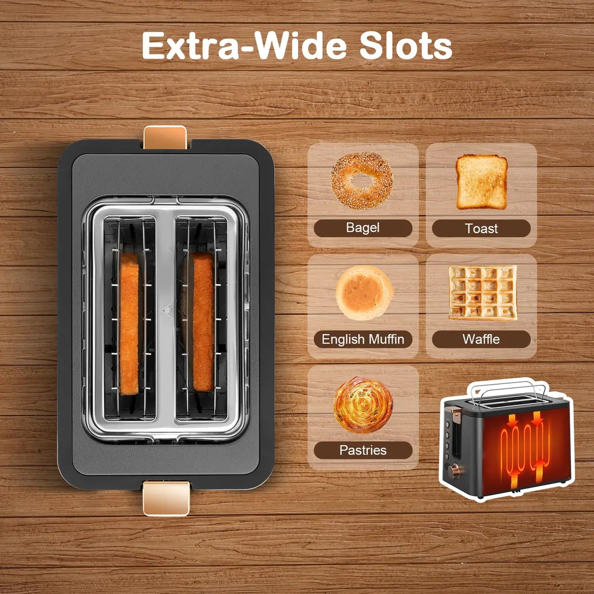 Mecity Toaster 2 Slice Stainless Steel Body Timer | 6 Browning Settings, Extra Wide Slots, Bagel/Defrost/Reheat/Cancel Functions - view 4