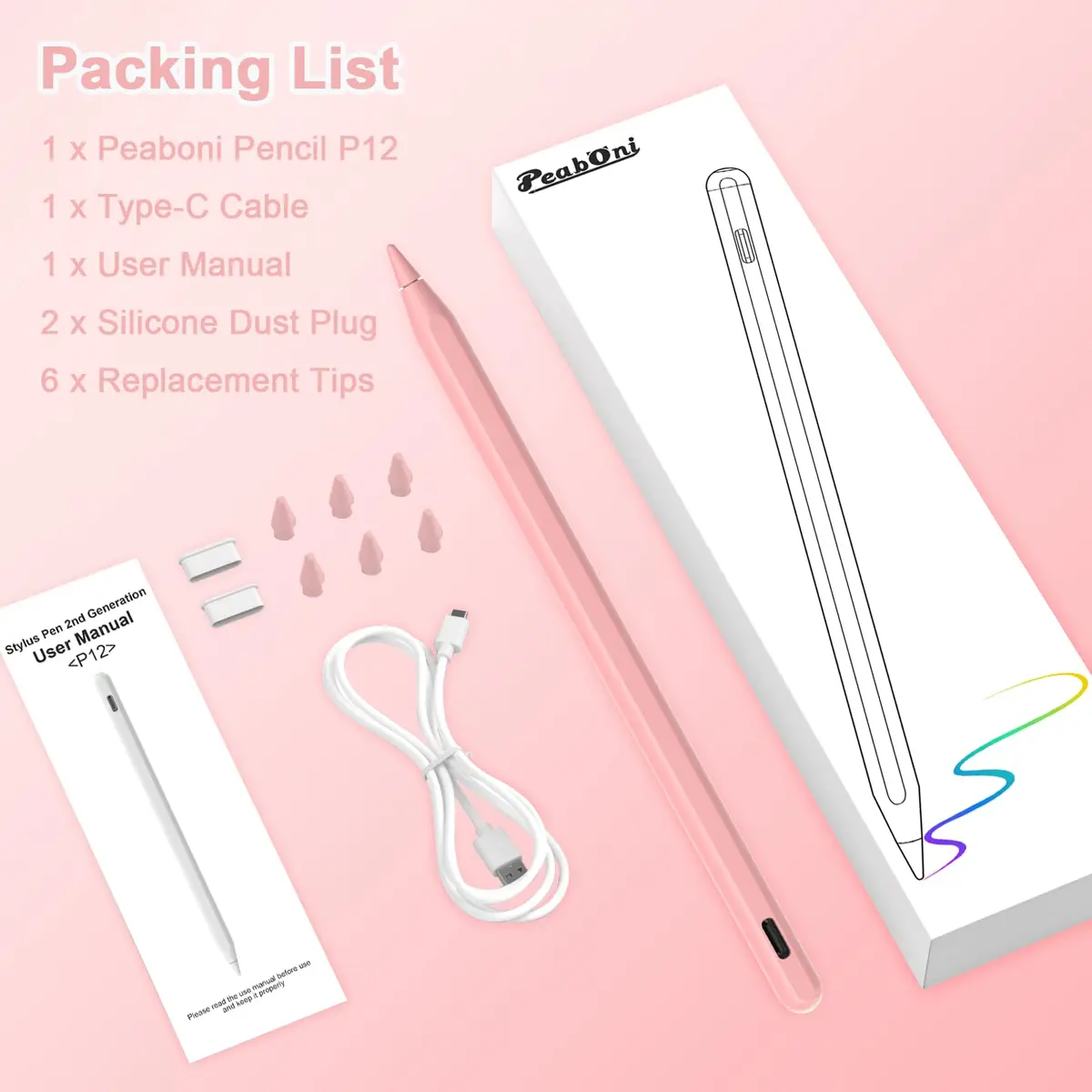Peaboni Pink Input_Pen Magnetic Wireless Charging & USB C Fast Charge Stylus for iPad 11/10/9/8/7/6th Gen, Pro 13"/12.9"/11", Air M4/M3/M2/5/4/3, Mini (A17 Pro) - view 7