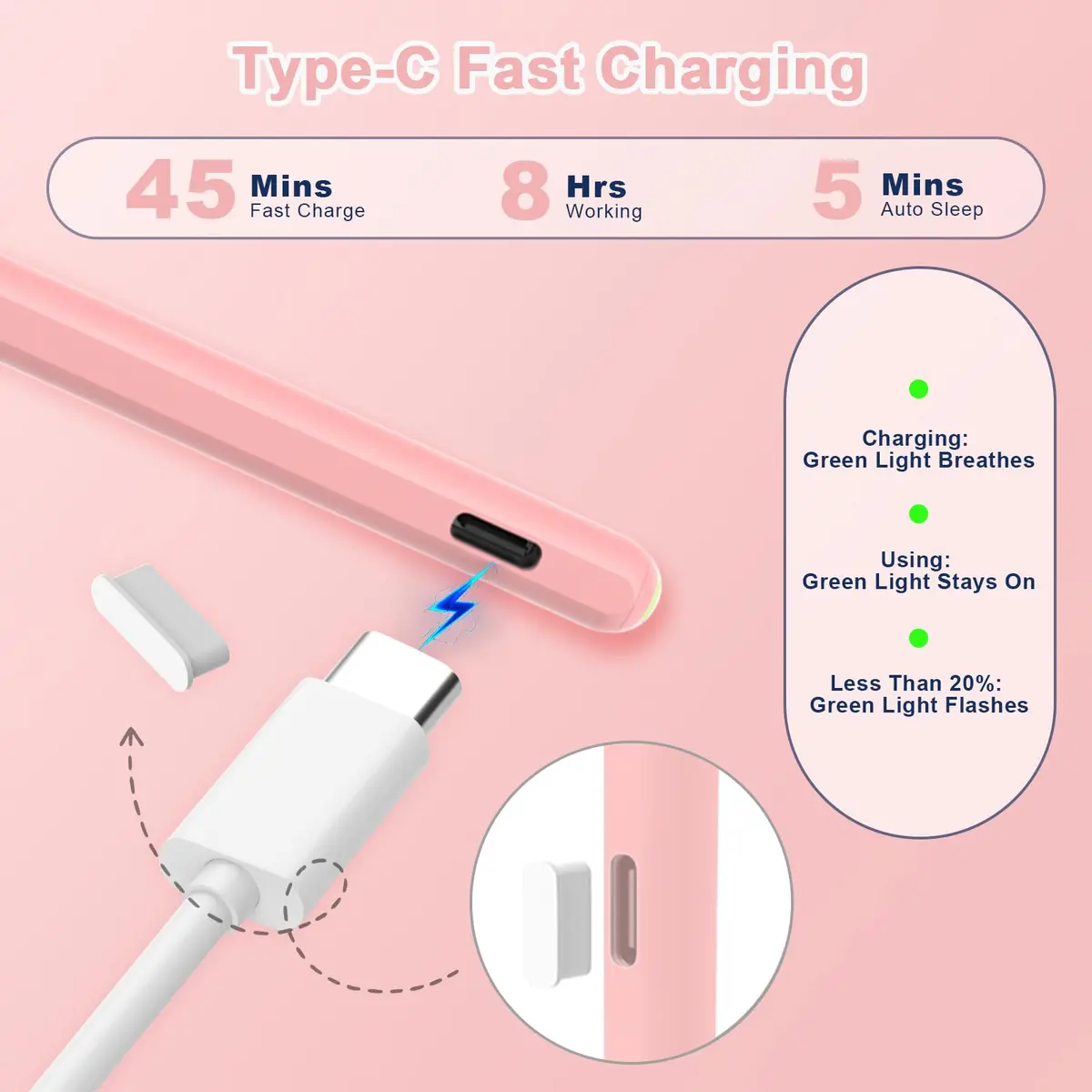 Peaboni Pink Input_Pen Magnetic Wireless Charging & USB C Fast Charge Stylus for iPad 11/10/9/8/7/6th Gen, Pro 13"/12.9"/11", Air M4/M3/M2/5/4/3, Mini (A17 Pro) - view 4