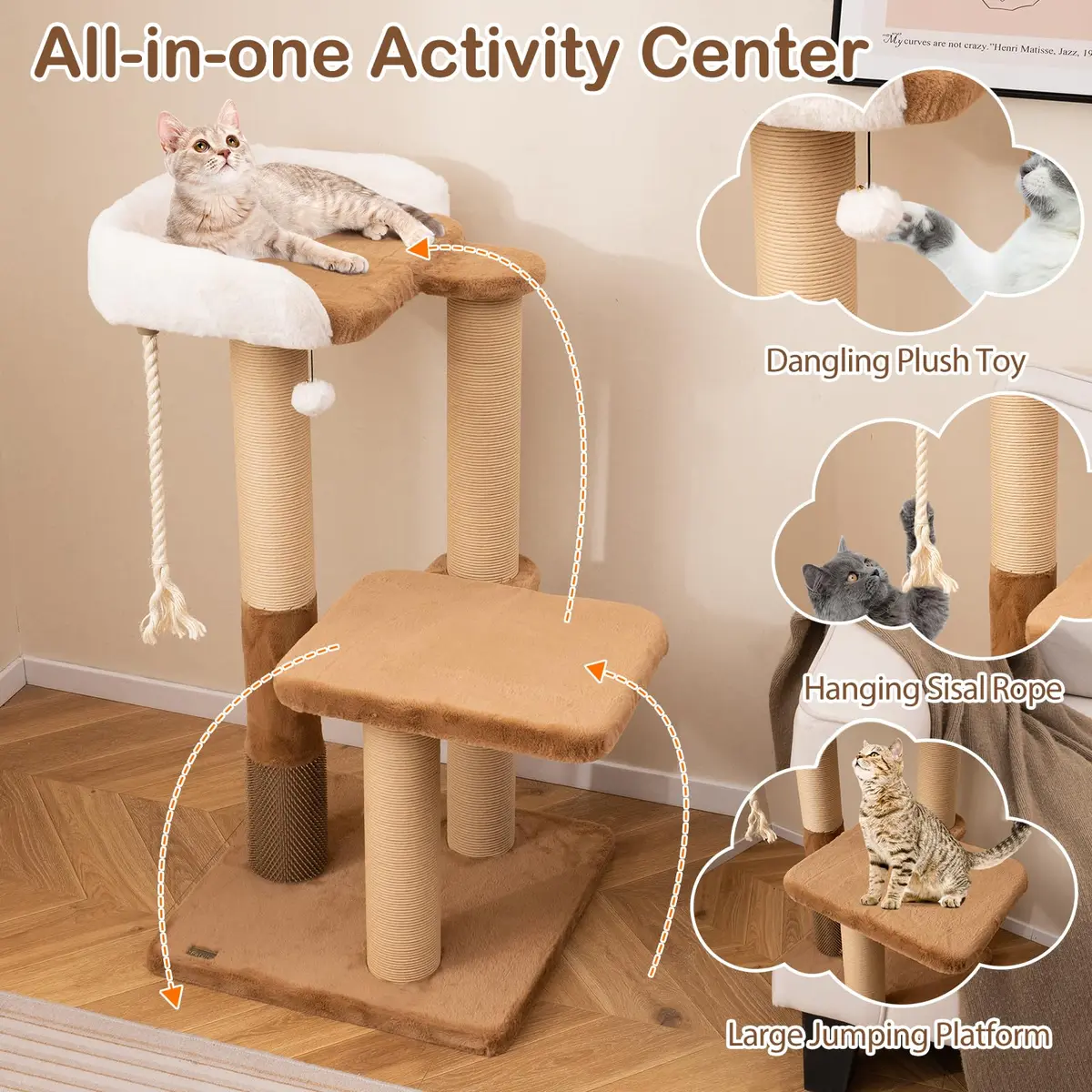PETSITE 44-inch Modern Cat Tree for Indoor Cats | Multi-Level Tower with Sisal Rope & Self-Groomer (44 inches) - view 5