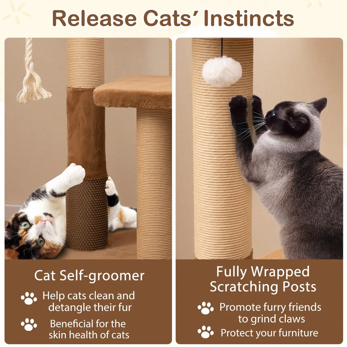 PETSITE 44-inch Modern Cat Tree for Indoor Cats | Multi-Level Tower with Sisal Rope & Self-Groomer (44 inches) - view 8