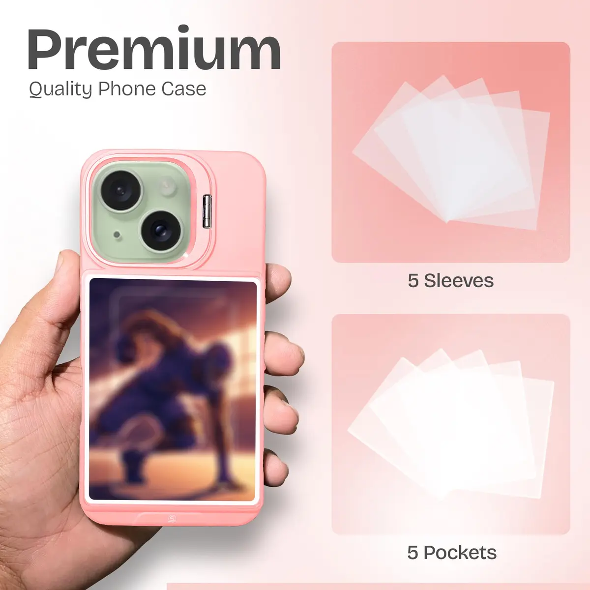 TopWrack iPhone 15 Card Holder Case, Pink | Clear Shockproof Phone Cover with Built-in Stand & Card Slot - view 5