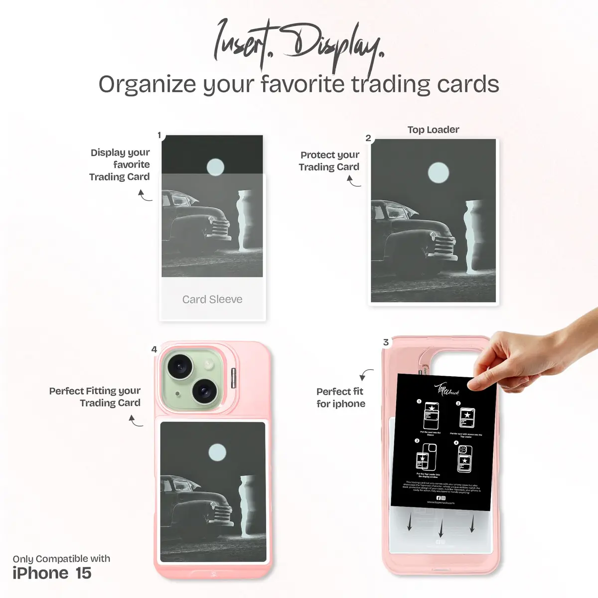 TopWrack iPhone 15 Card Holder Case, Pink | Clear Shockproof Phone Cover with Built-in Stand & Card Slot - view 3