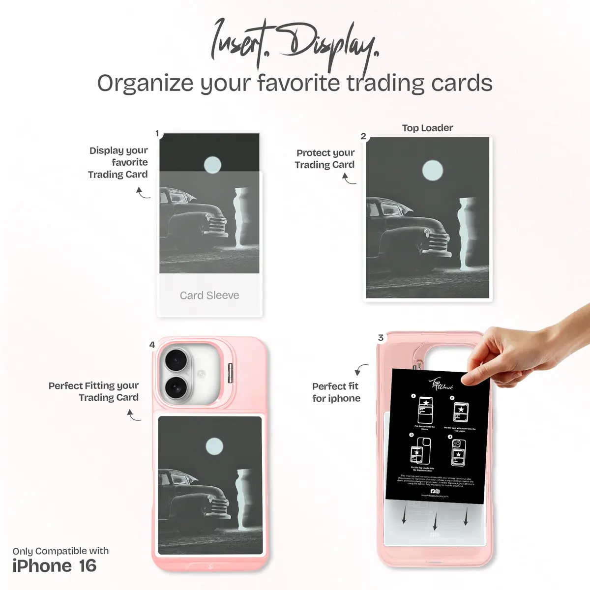 TopWrack Display Phone Case for iPhone 16 | Clear Back Card Holder with Kickstand (Pink) - view 3