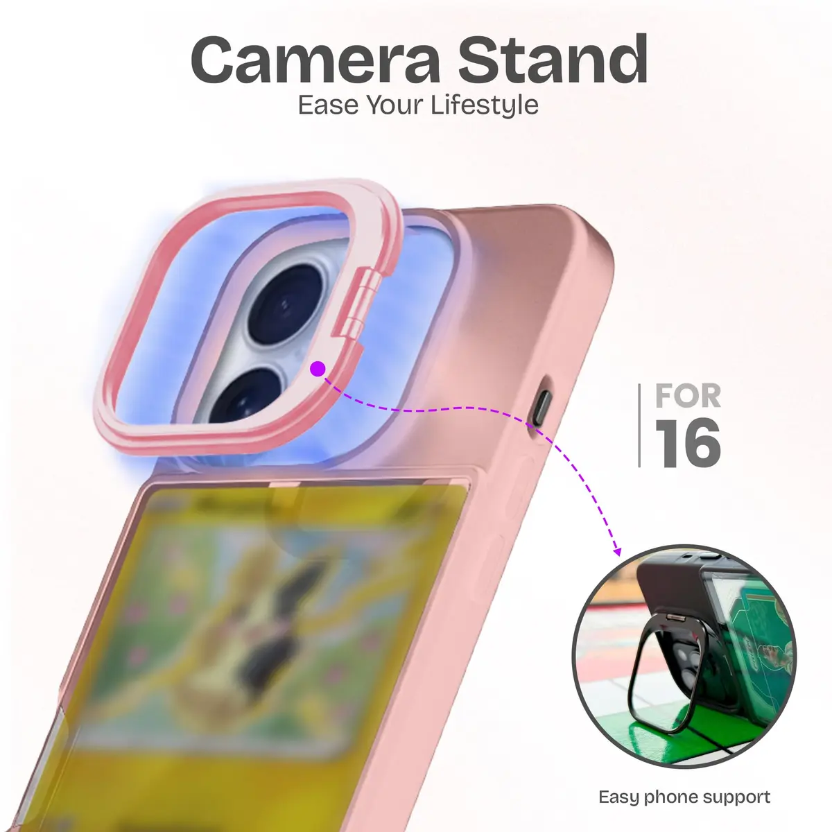 TopWrack Display Phone Case for iPhone 16 | Clear Back Card Holder with Kickstand (Pink) - view 4