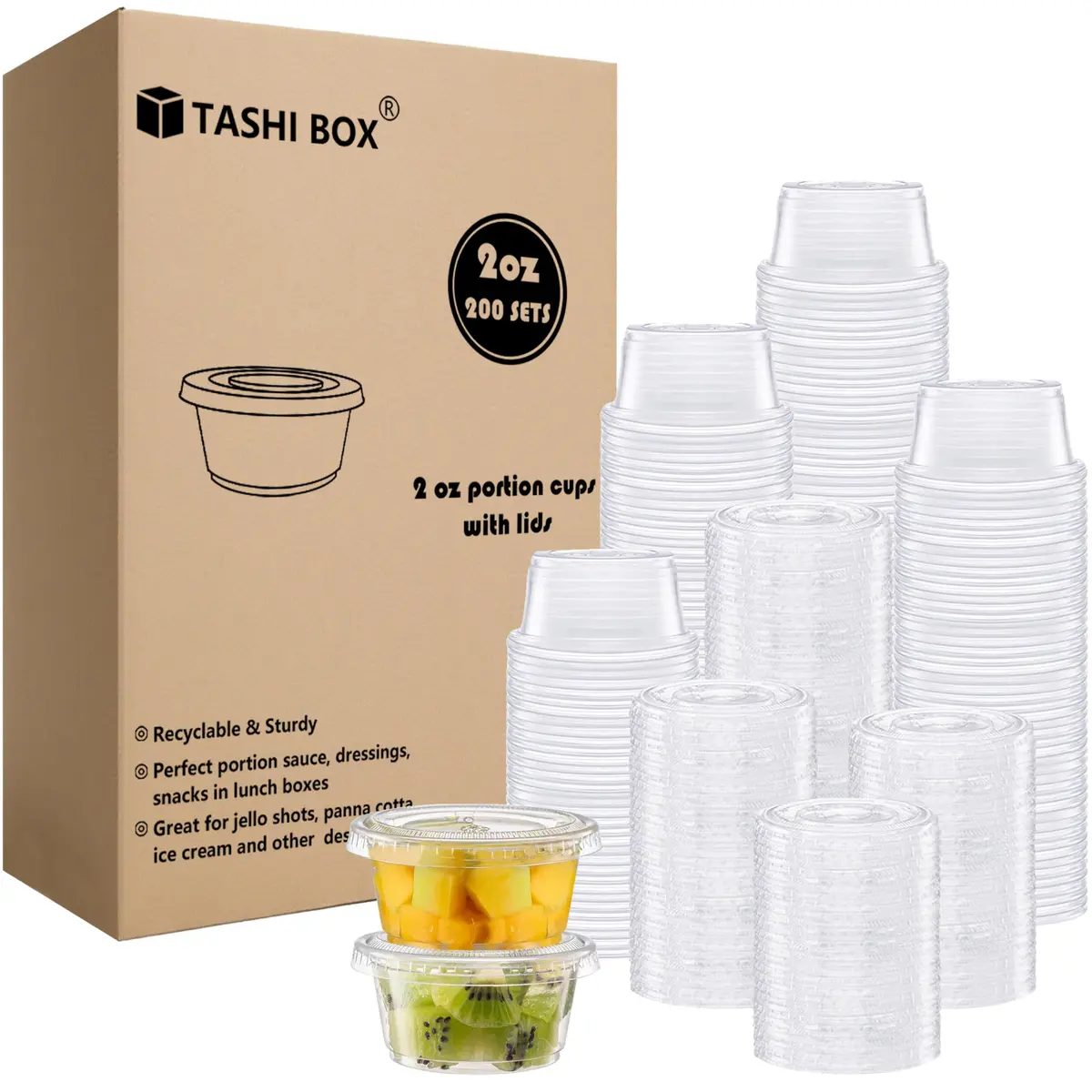 TashiBox 2 oz Plastic Portion Cups with Lids | Leak-Proof, Reusable, Food-Grade BPA-Free (70-120 chars) - main product image