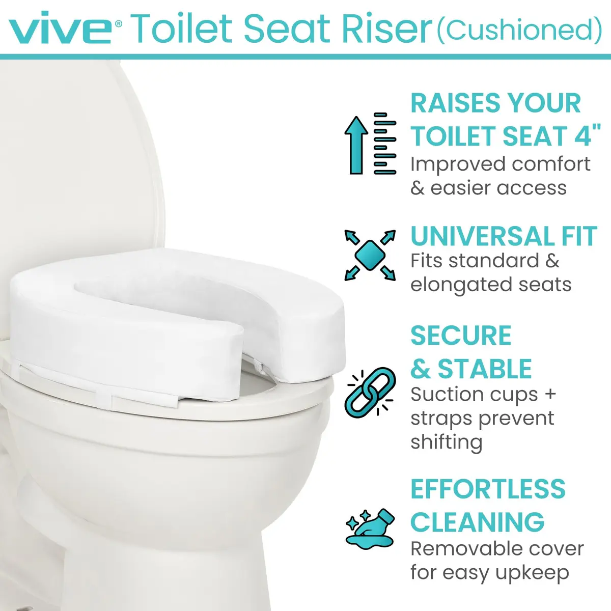 Vive Toilet Seat Riser Cushion for Seniors - 4 Inch Height | Fits Standard & Elongated Seats - view 3