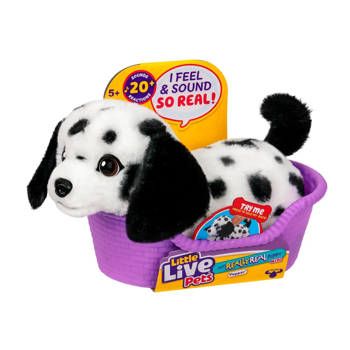 Little Live Pets My Really Real Puppy Mini Pepper the Dalmatian Interactive Plush Toy with Basket, 11cm (4.3in) | Educational Toy Figure for Kids 3-6 - main product image