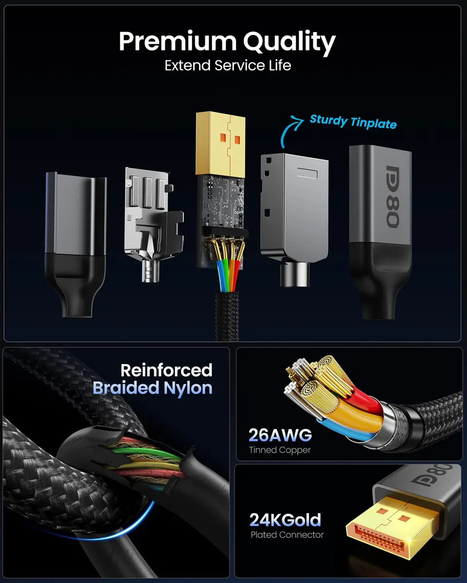 Silkland DisplayPort Cable 3.3FT/1M | 80Gbps DP 2.1 HDR Support for Gaming & High-Res Monitors - view 8
